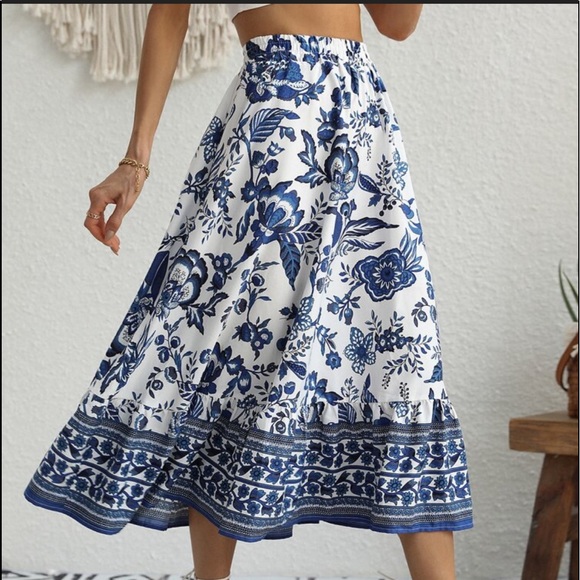Boho Floral Print High Waist Maxi Skirt White Blue Cottagecore - Picture 6 of 6